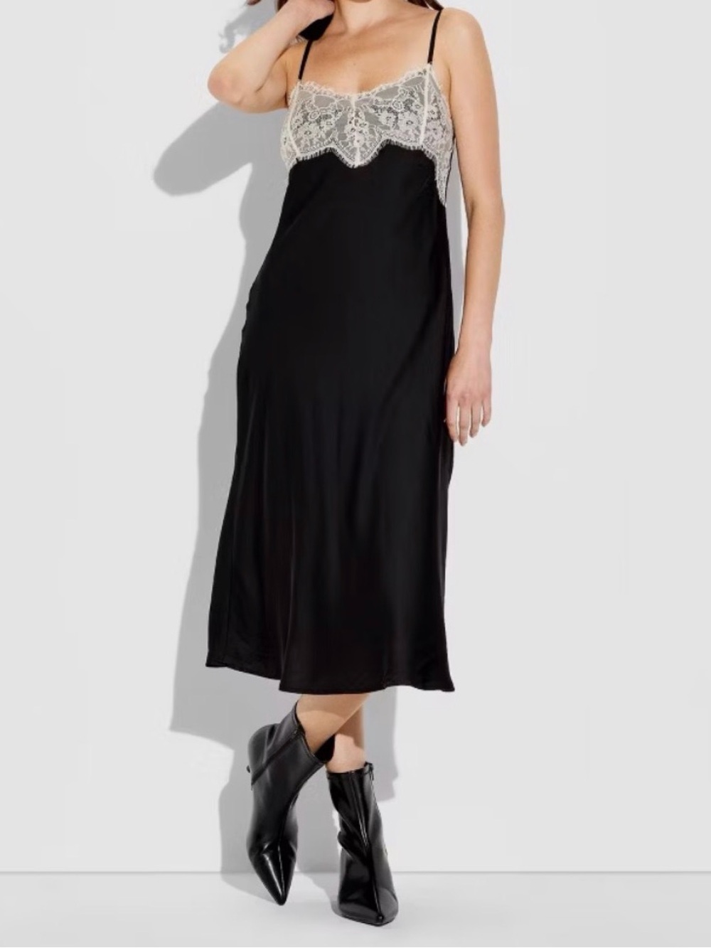 NWT Wild Fable black ivory Lace Trim Satin Midi A-Line
Dress Size S